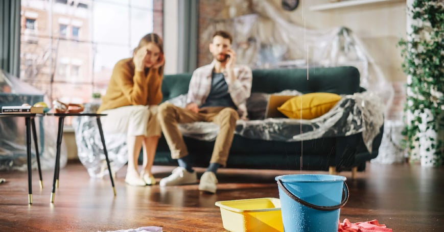 couple with leak from ceiling dropping into bucket