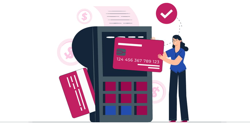 Caricature of a cartoon woman standing with a giant credit card reader 